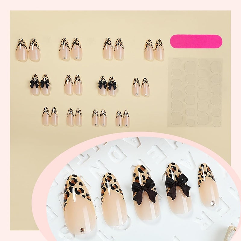 ASABITE 24 Pcs Reusable Almond Press on Nails Medium Fake Nails Leopard French Tip False Nails with 3D Bow Design Cute Acrylic Nails Press ons Holiday Glue on Nails Full Cover Artificial Nails for Women - Image 2